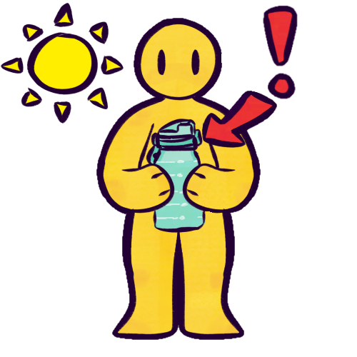  A drawing of a simplified yellow human holding a reusable plastic water bottle with two hands. A stylized depiction of the sun is in the top left corner of the image. To the person’s right is a red exclamation point. A red arrow goes from it and points at the bottle the person is holding. The person is standing upright and has no facial features other than oblong dot eyes that don’t bear any particular expression. They are bald and don’t wear any clothing. Their hands are more akin to paws.